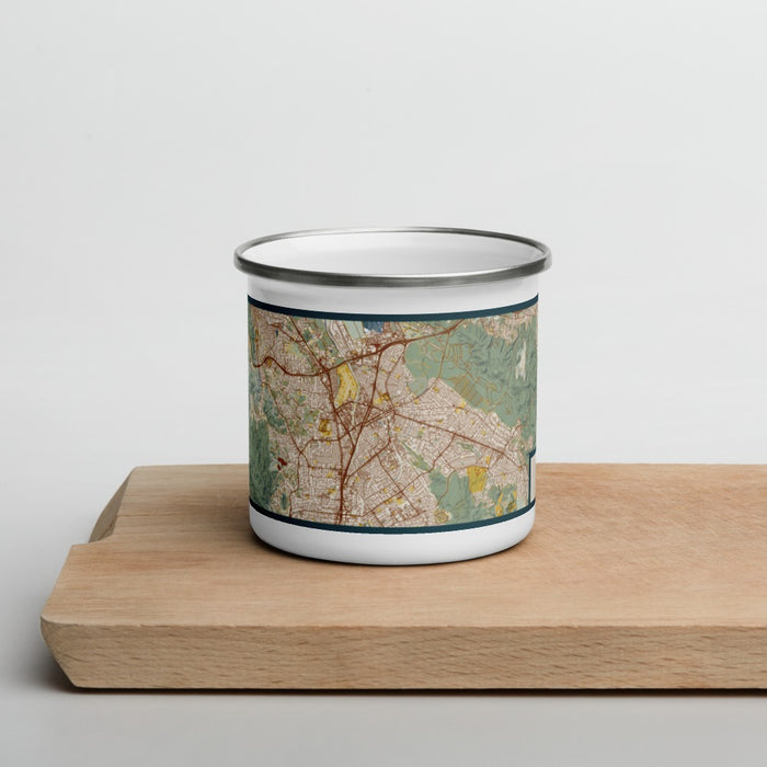 Front View Custom Concord California Map Enamel Mug in Woodblock on Cutting Board