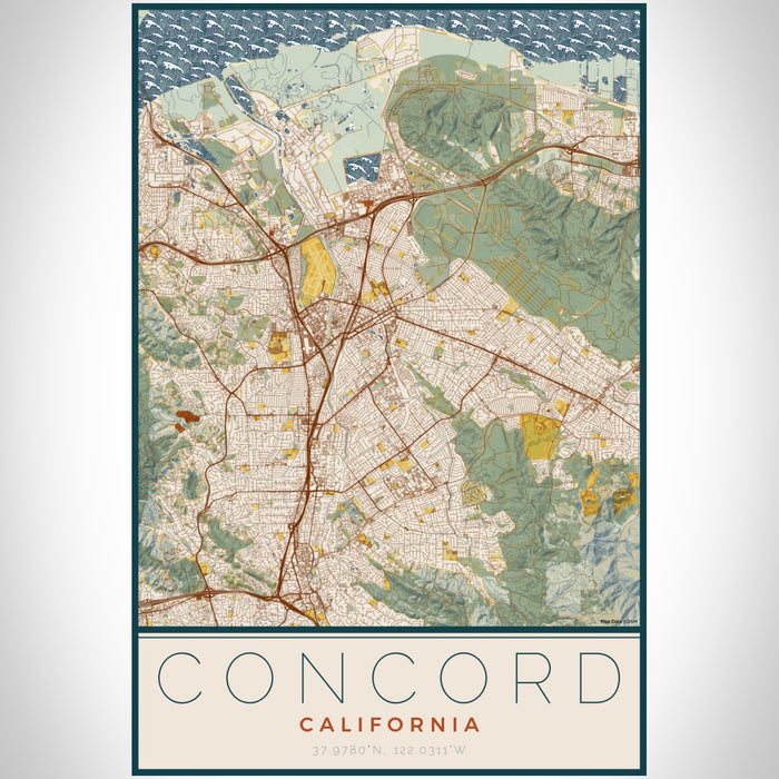 Concord California Map Print Portrait Orientation in Woodblock Style With Shaded Background