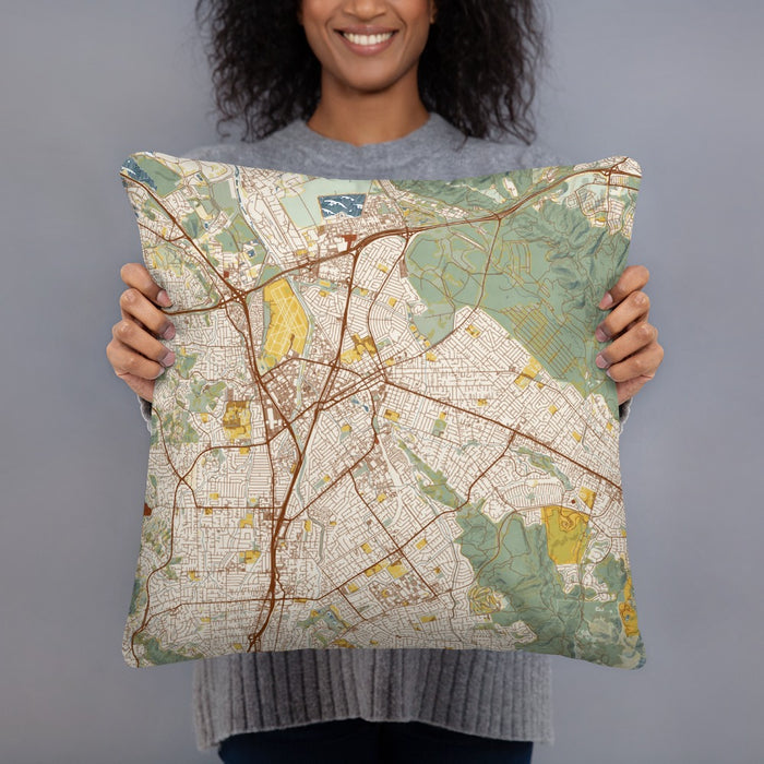 Person holding 18x18 Custom Concord California Map Throw Pillow in Woodblock