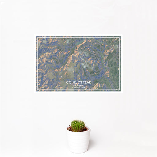 12x18 Conejos Peak Colorado Map Print Landscape Orientation in Afternoon Style With Small Cactus Plant in White Planter