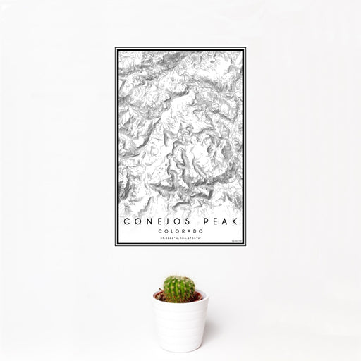12x18 Conejos Peak Colorado Map Print Portrait Orientation in Classic Style With Small Cactus Plant in White Planter