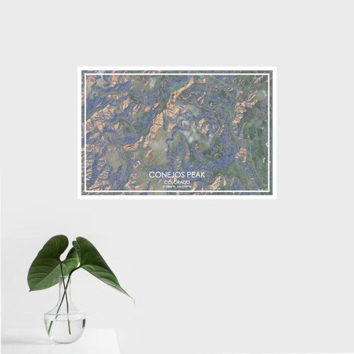 16x24 Conejos Peak Colorado Map Print Landscape Orientation in Afternoon Style With Tropical Plant Leaves in Water