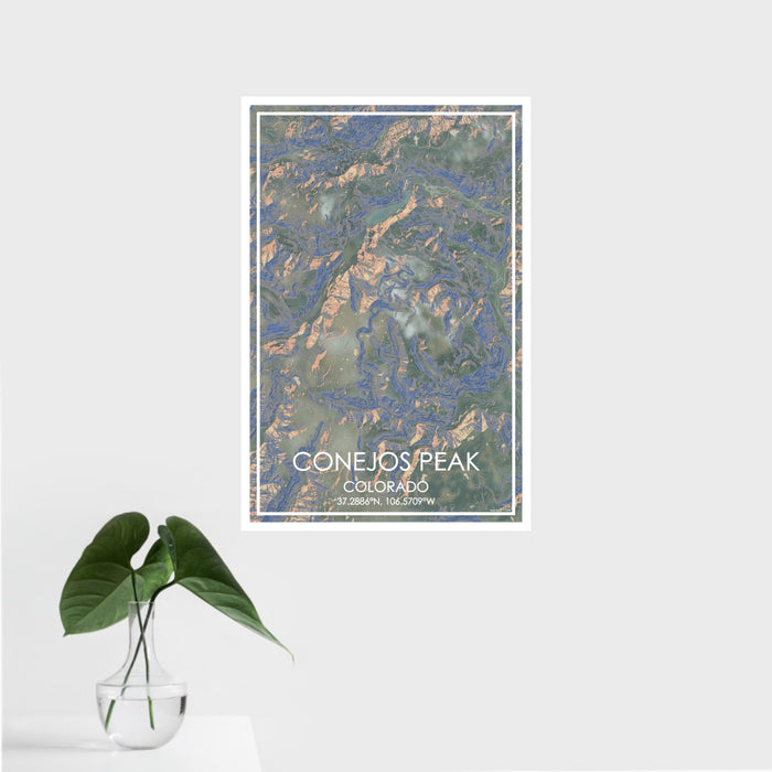 16x24 Conejos Peak Colorado Map Print Portrait Orientation in Afternoon Style With Tropical Plant Leaves in Water
