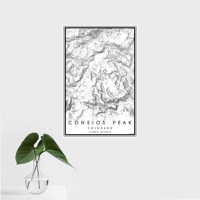 16x24 Conejos Peak Colorado Map Print Portrait Orientation in Classic Style With Tropical Plant Leaves in Water