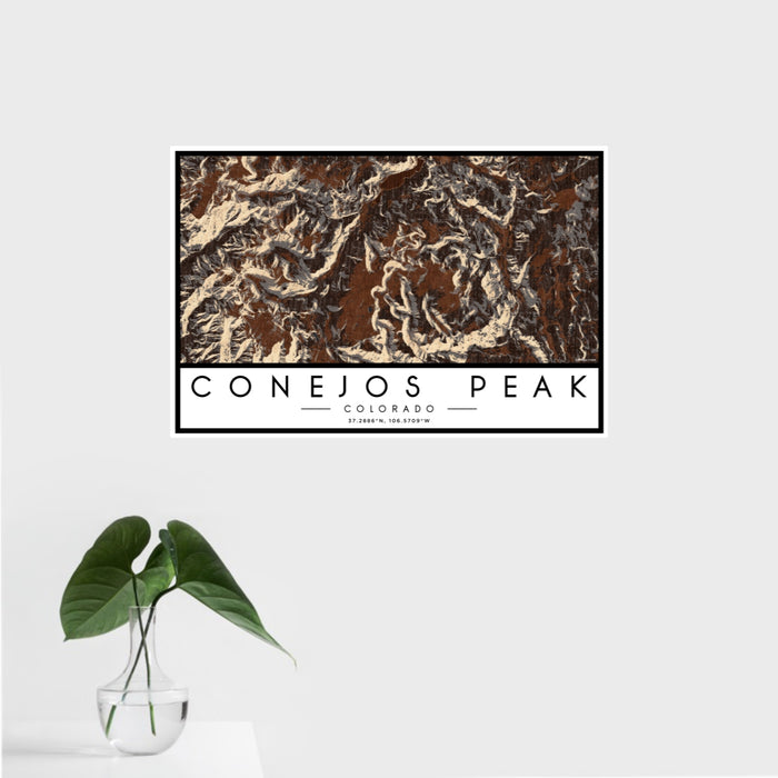 16x24 Conejos Peak Colorado Map Print Landscape Orientation in Ember Style With Tropical Plant Leaves in Water