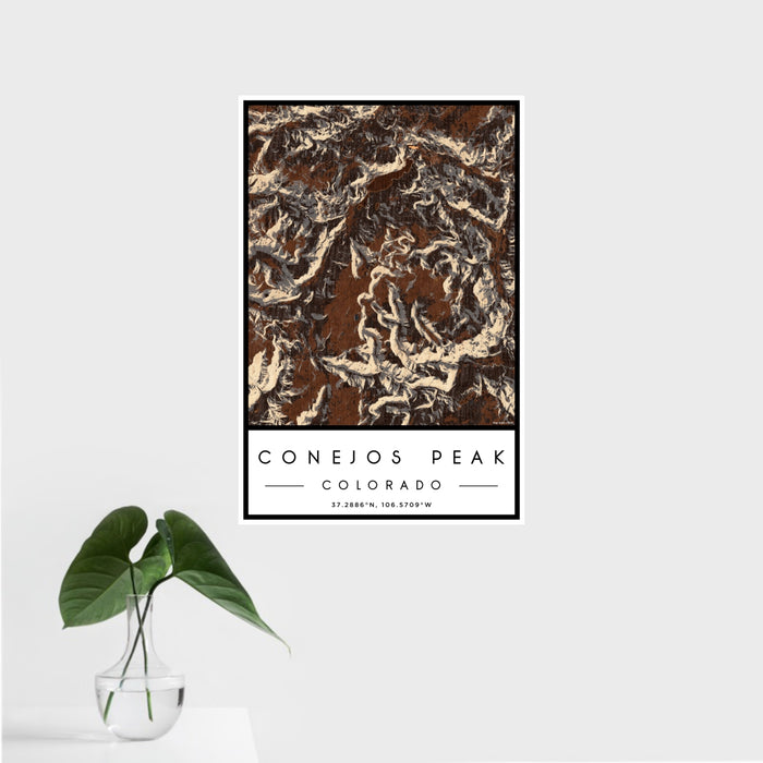 16x24 Conejos Peak Colorado Map Print Portrait Orientation in Ember Style With Tropical Plant Leaves in Water