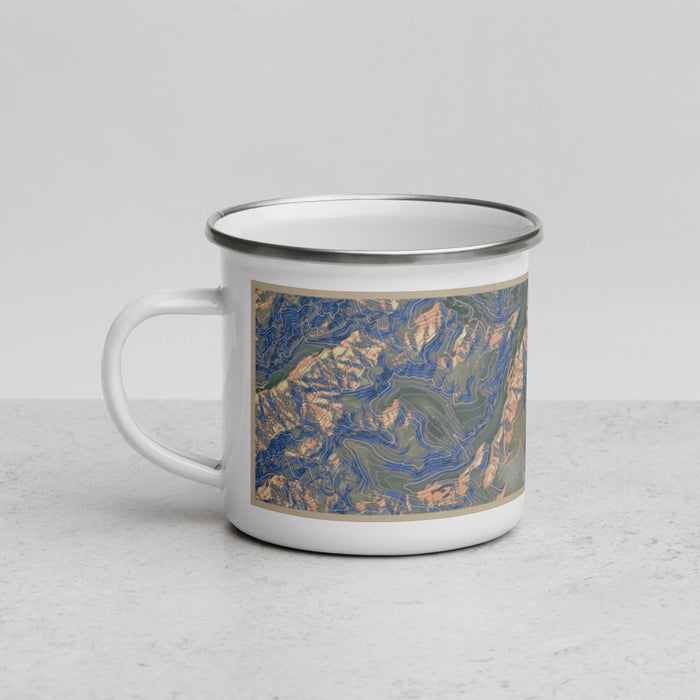 Left View Custom Conejos Peak Colorado Map Enamel Mug in Afternoon