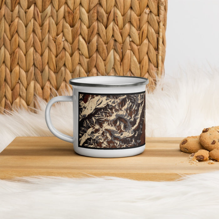 Left View Custom Conejos Peak Colorado Map Enamel Mug in Ember on Table Top