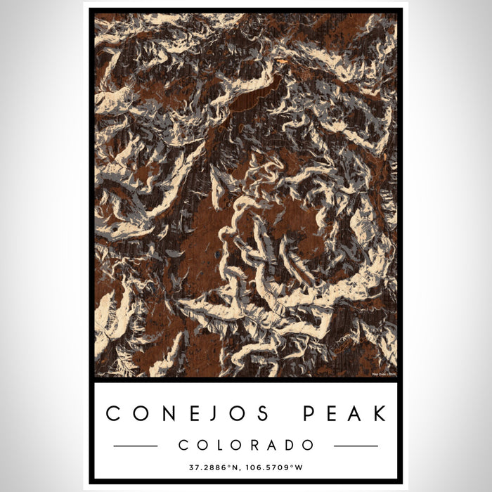 Conejos Peak Colorado Map Print Portrait Orientation in Ember Style With Shaded Background