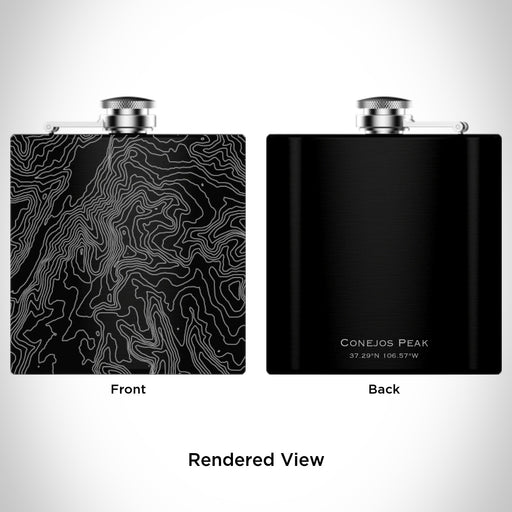 Rendered View of Conejos Peak Colorado Map Engraving on 6oz Stainless Steel Flask in Black