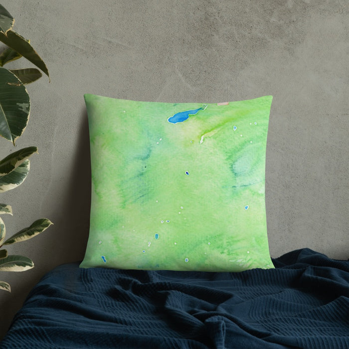 Custom Conejos Peak Colorado Map Throw Pillow in Watercolor on Bedding Against Wall