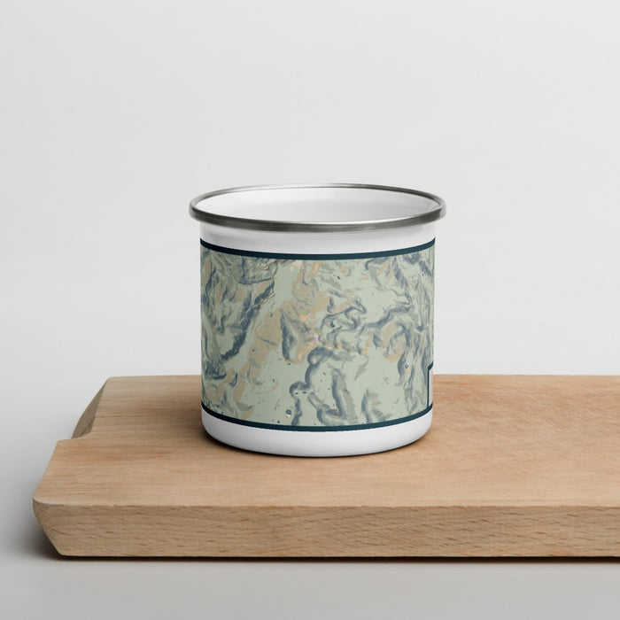 Front View Custom Conejos Peak Colorado Map Enamel Mug in Woodblock on Cutting Board