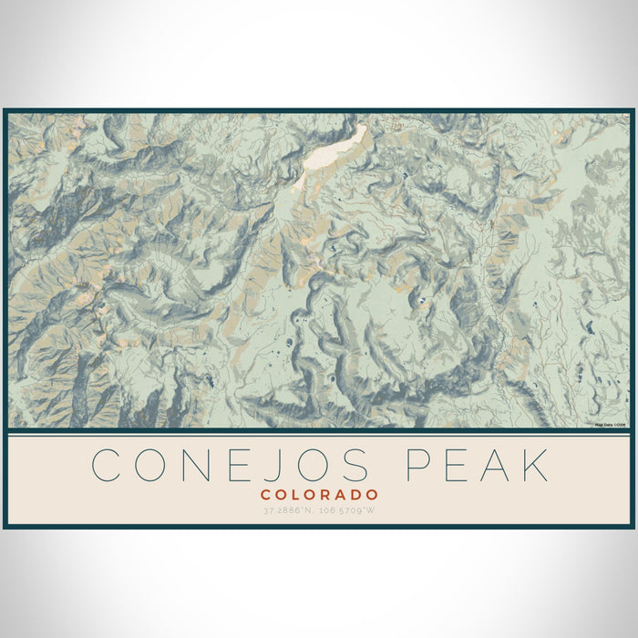 Conejos Peak Colorado Map Print Landscape Orientation in Woodblock Style With Shaded Background