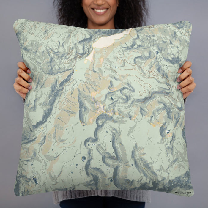 Person holding 22x22 Custom Conejos Peak Colorado Map Throw Pillow in Woodblock