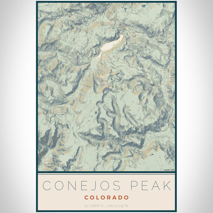 Conejos Peak Colorado Map Print Portrait Orientation in Woodblock Style With Shaded Background