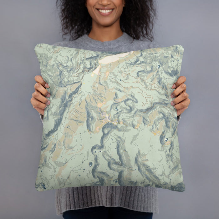 Person holding 18x18 Custom Conejos Peak Colorado Map Throw Pillow in Woodblock