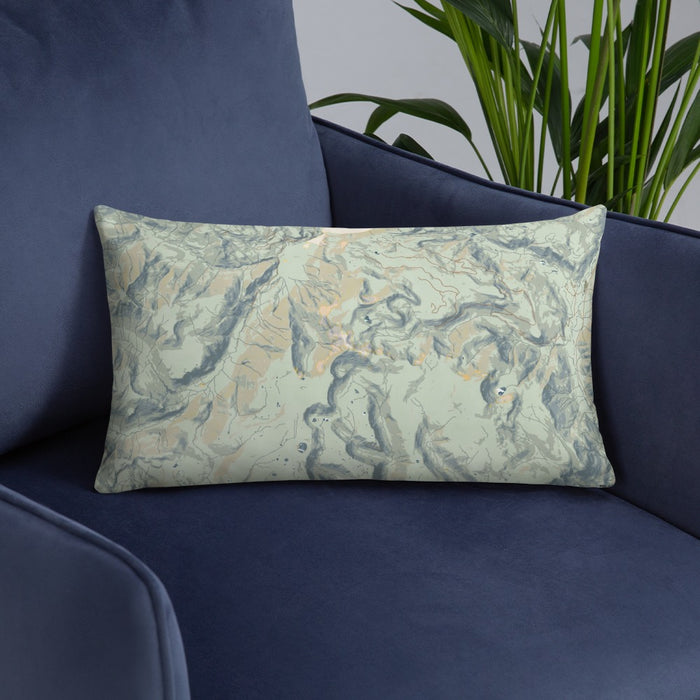 Custom Conejos Peak Colorado Map Throw Pillow in Woodblock on Blue Colored Chair