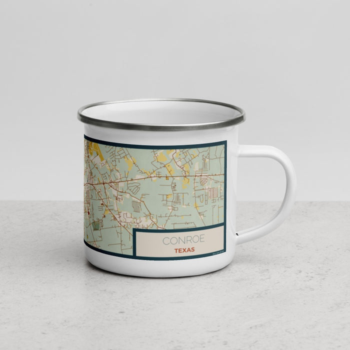 Right View Custom Conroe Texas Map Enamel Mug in Woodblock