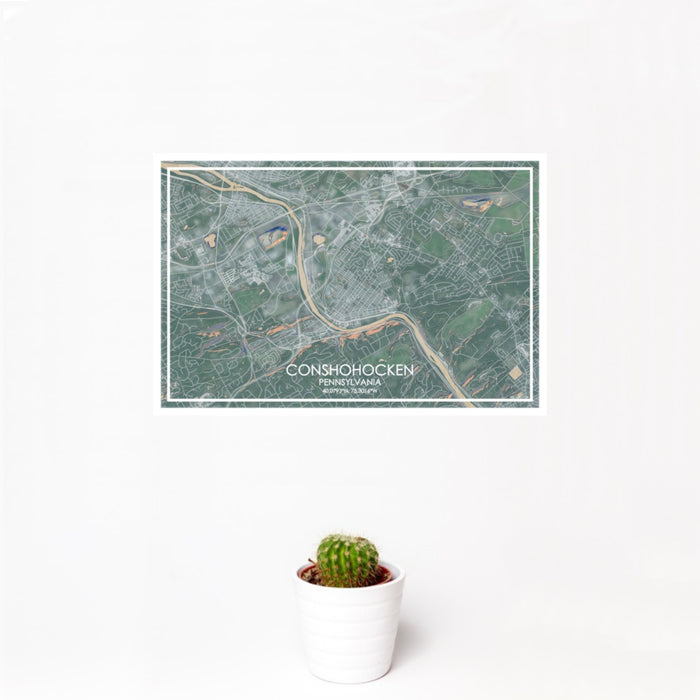 12x18 Conshohocken Pennsylvania Map Print Landscape Orientation in Afternoon Style With Small Cactus Plant in White Planter