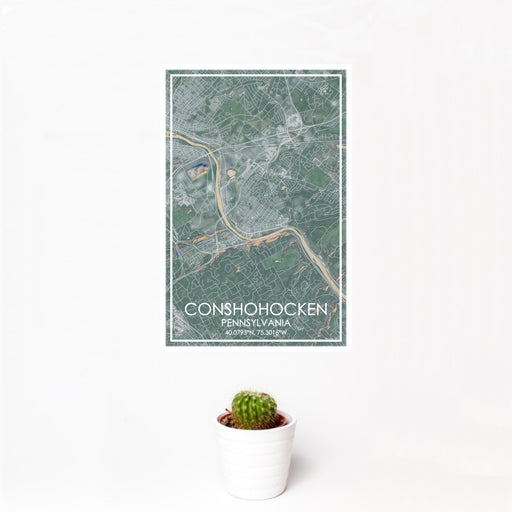 12x18 Conshohocken Pennsylvania Map Print Portrait Orientation in Afternoon Style With Small Cactus Plant in White Planter