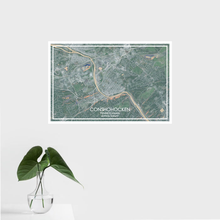 16x24 Conshohocken Pennsylvania Map Print Landscape Orientation in Afternoon Style With Tropical Plant Leaves in Water