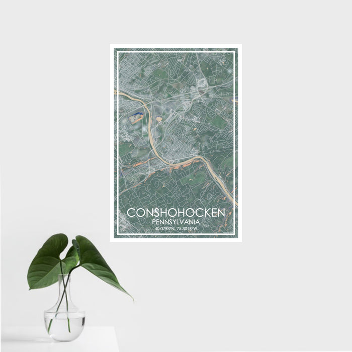 16x24 Conshohocken Pennsylvania Map Print Portrait Orientation in Afternoon Style With Tropical Plant Leaves in Water