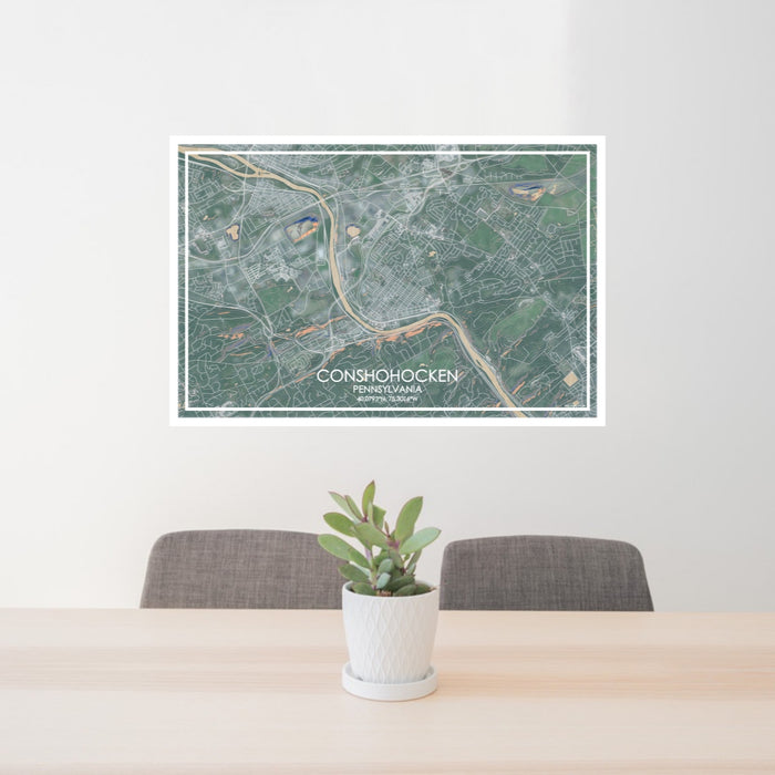 24x36 Conshohocken Pennsylvania Map Print Lanscape Orientation in Afternoon Style Behind 2 Chairs Table and Potted Plant