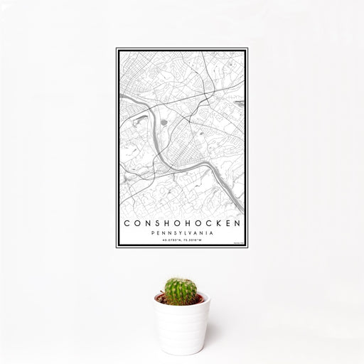 12x18 Conshohocken Pennsylvania Map Print Portrait Orientation in Classic Style With Small Cactus Plant in White Planter