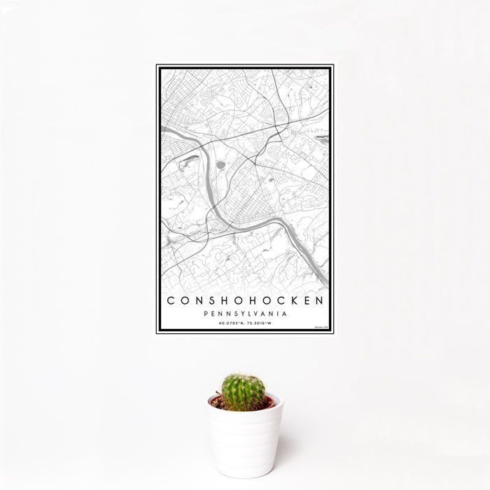 12x18 Conshohocken Pennsylvania Map Print Portrait Orientation in Classic Style With Small Cactus Plant in White Planter