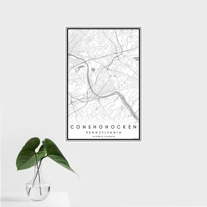 16x24 Conshohocken Pennsylvania Map Print Portrait Orientation in Classic Style With Tropical Plant Leaves in Water