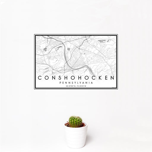 12x18 Conshohocken Pennsylvania Map Print Landscape Orientation in Classic Style With Small Cactus Plant in White Planter