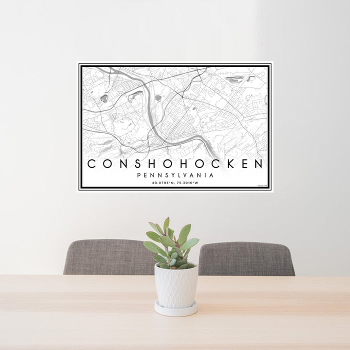 24x36 Conshohocken Pennsylvania Map Print Landscape Orientation in Classic Style Behind 2 Chairs Table and Potted Plant