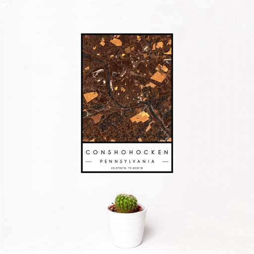 12x18 Conshohocken Pennsylvania Map Print Portrait Orientation in Ember Style With Small Cactus Plant in White Planter