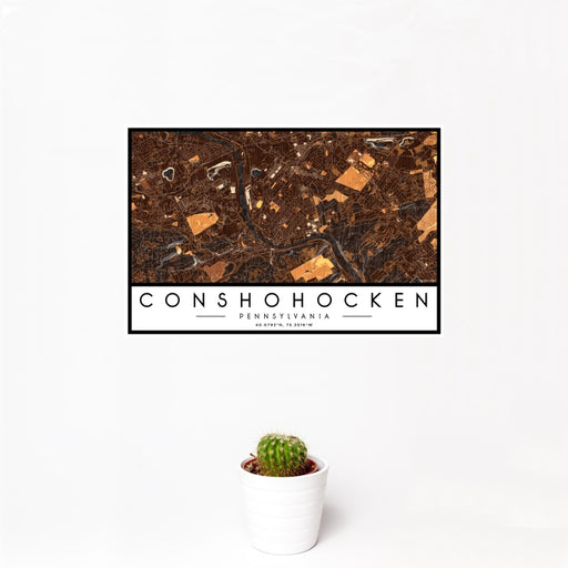 12x18 Conshohocken Pennsylvania Map Print Landscape Orientation in Ember Style With Small Cactus Plant in White Planter