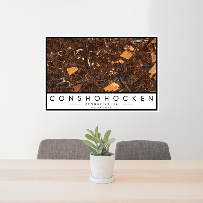 24x36 Conshohocken Pennsylvania Map Print Landscape Orientation in Ember Style Behind 2 Chairs Table and Potted Plant