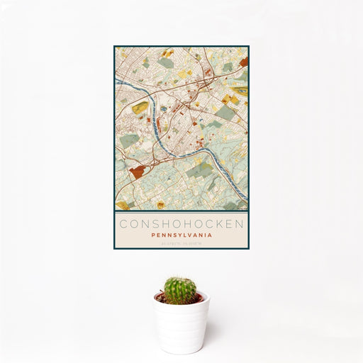 12x18 Conshohocken Pennsylvania Map Print Portrait Orientation in Woodblock Style With Small Cactus Plant in White Planter