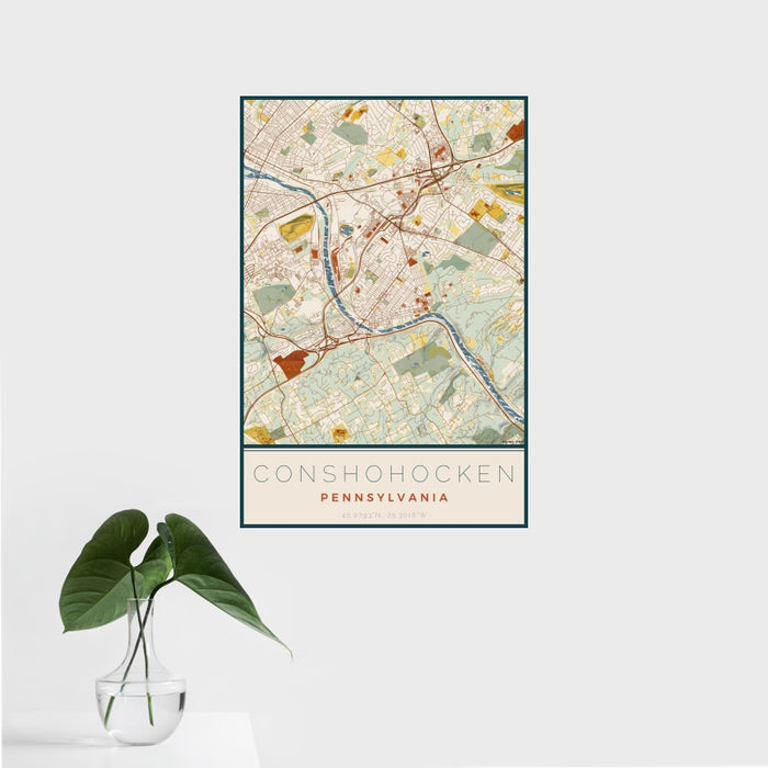 16x24 Conshohocken Pennsylvania Map Print Portrait Orientation in Woodblock Style With Tropical Plant Leaves in Water