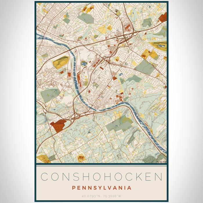 Conshohocken Pennsylvania Map Print Portrait Orientation in Woodblock Style With Shaded Background