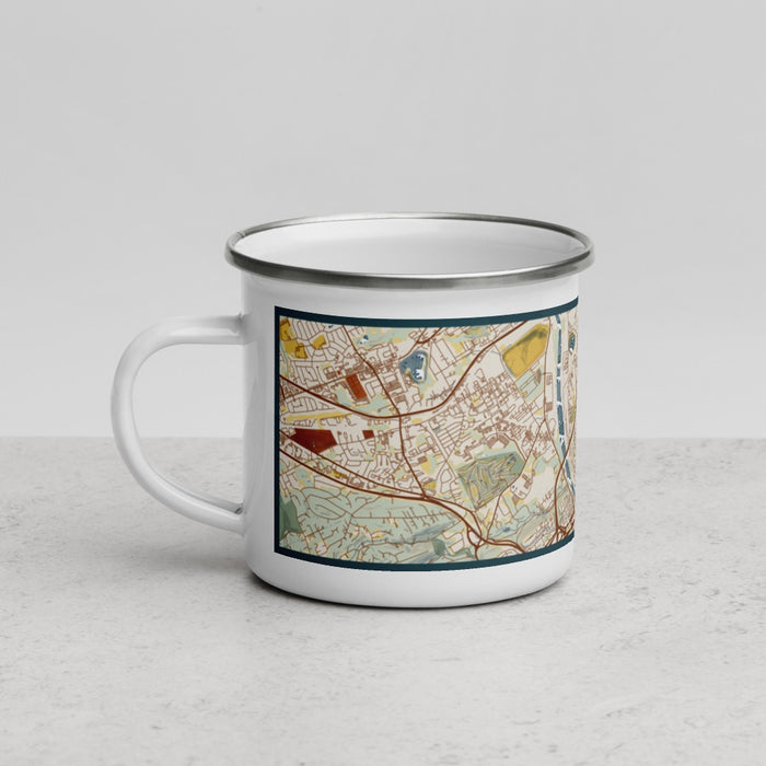 Left View Custom Conshohocken Pennsylvania Map Enamel Mug in Woodblock