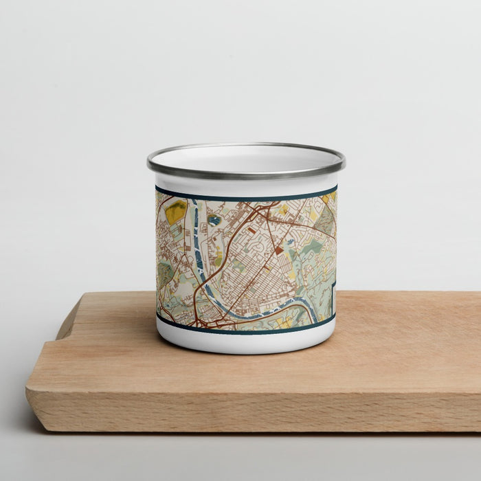 Front View Custom Conshohocken Pennsylvania Map Enamel Mug in Woodblock on Cutting Board