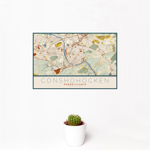 12x18 Conshohocken Pennsylvania Map Print Landscape Orientation in Woodblock Style With Small Cactus Plant in White Planter