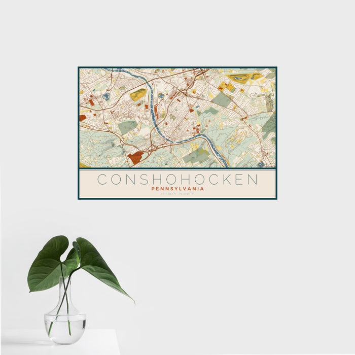 16x24 Conshohocken Pennsylvania Map Print Landscape Orientation in Woodblock Style With Tropical Plant Leaves in Water
