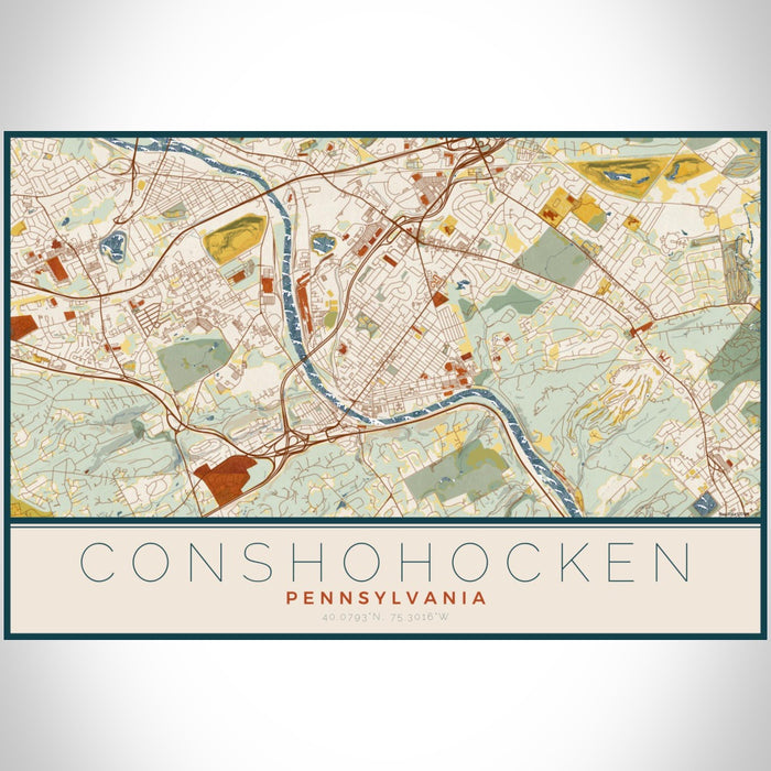 Conshohocken Pennsylvania Map Print Landscape Orientation in Woodblock Style With Shaded Background