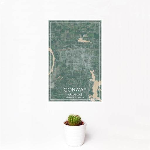 12x18 Conway Arkansas Map Print Portrait Orientation in Afternoon Style With Small Cactus Plant in White Planter