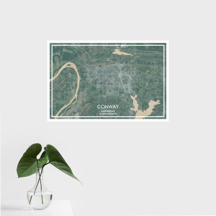 16x24 Conway Arkansas Map Print Landscape Orientation in Afternoon Style With Tropical Plant Leaves in Water