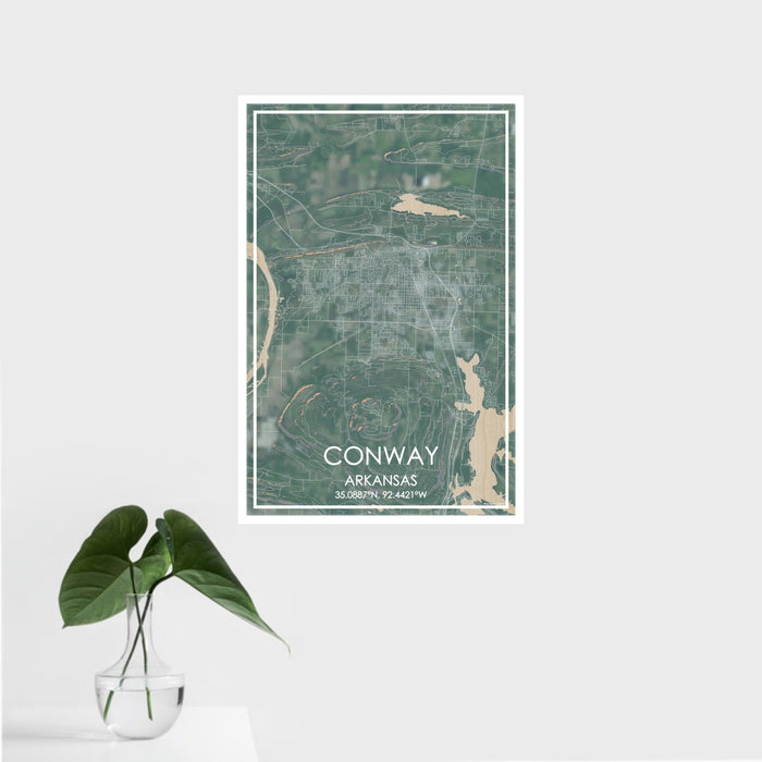 16x24 Conway Arkansas Map Print Portrait Orientation in Afternoon Style With Tropical Plant Leaves in Water