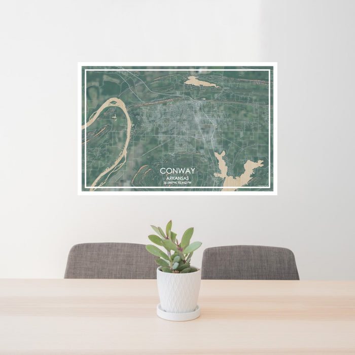 24x36 Conway Arkansas Map Print Lanscape Orientation in Afternoon Style Behind 2 Chairs Table and Potted Plant
