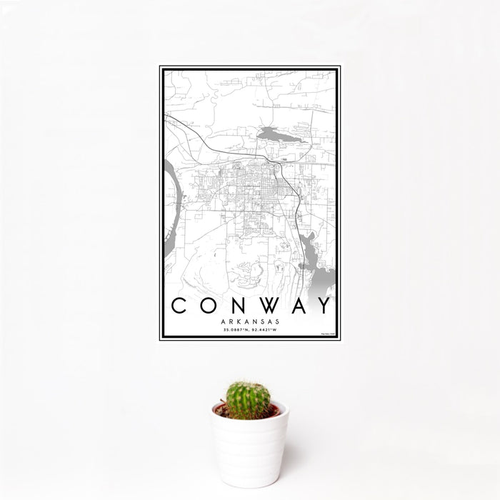 12x18 Conway Arkansas Map Print Portrait Orientation in Classic Style With Small Cactus Plant in White Planter