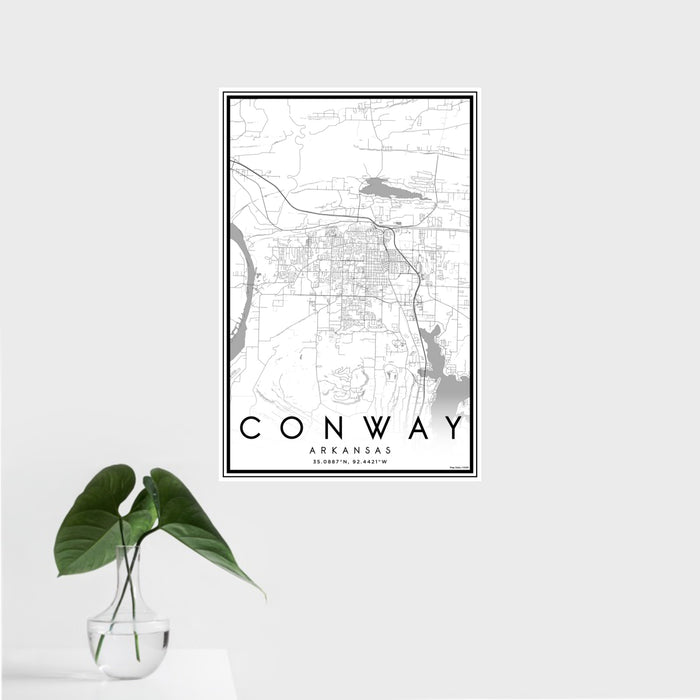 16x24 Conway Arkansas Map Print Portrait Orientation in Classic Style With Tropical Plant Leaves in Water