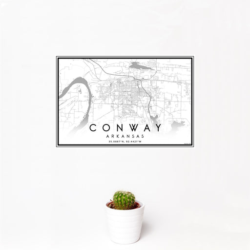 12x18 Conway Arkansas Map Print Landscape Orientation in Classic Style With Small Cactus Plant in White Planter